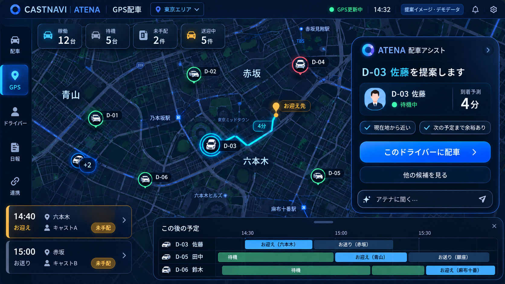GPSと配車支援を統合したATENAの提案画面